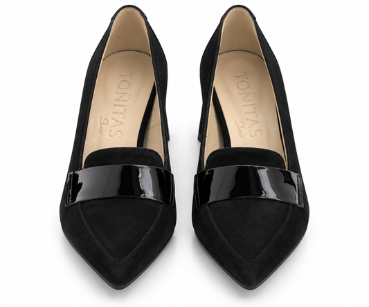 Zapatos Salón Mocasín Ante y Charol Negro - TOÑITAS