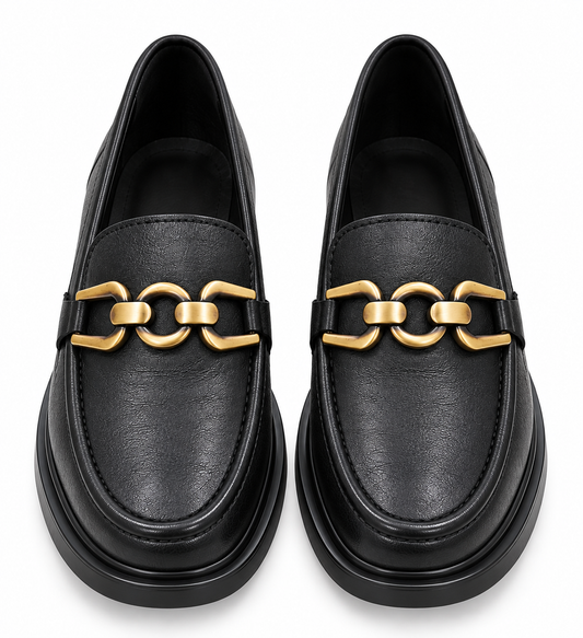 Mocasines de Piel Negros con Eslabón Dorado - TOÑITAS