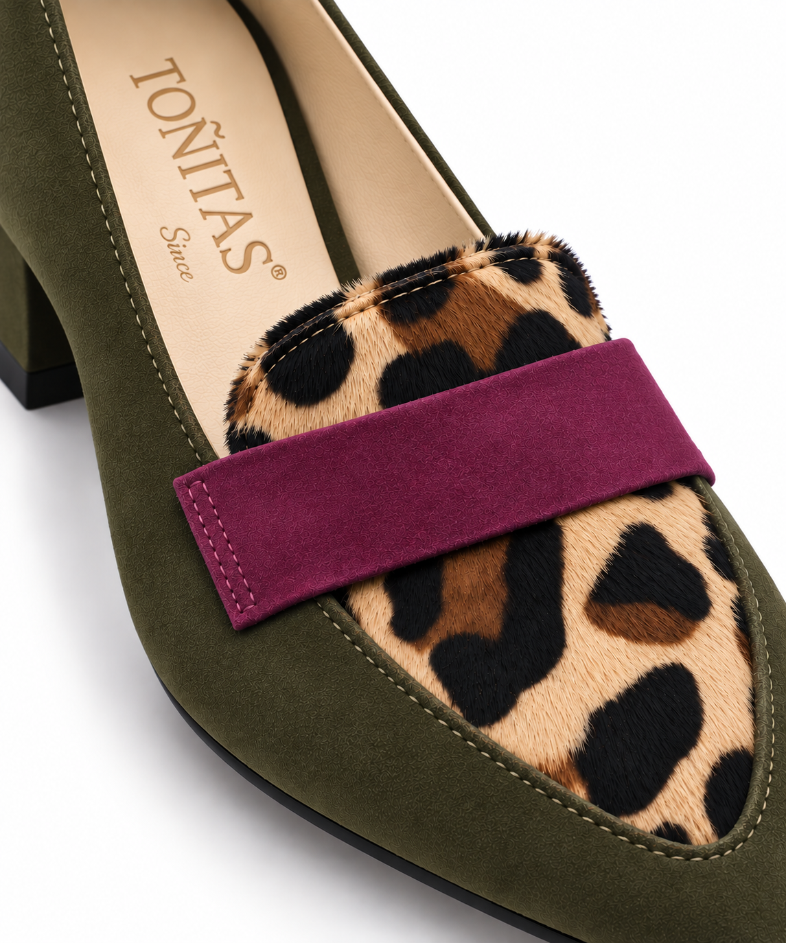 Zapatos Salón Mocasín Ante Kaki y Pelo Leopardo - TOÑITAS