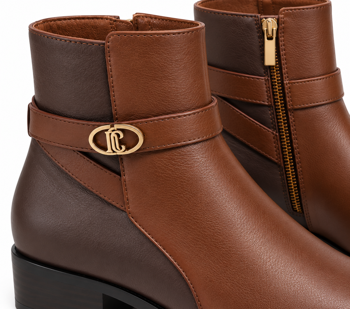 Botines de Piel Bicolor Marrón con Emblema Dorado - BEFREE